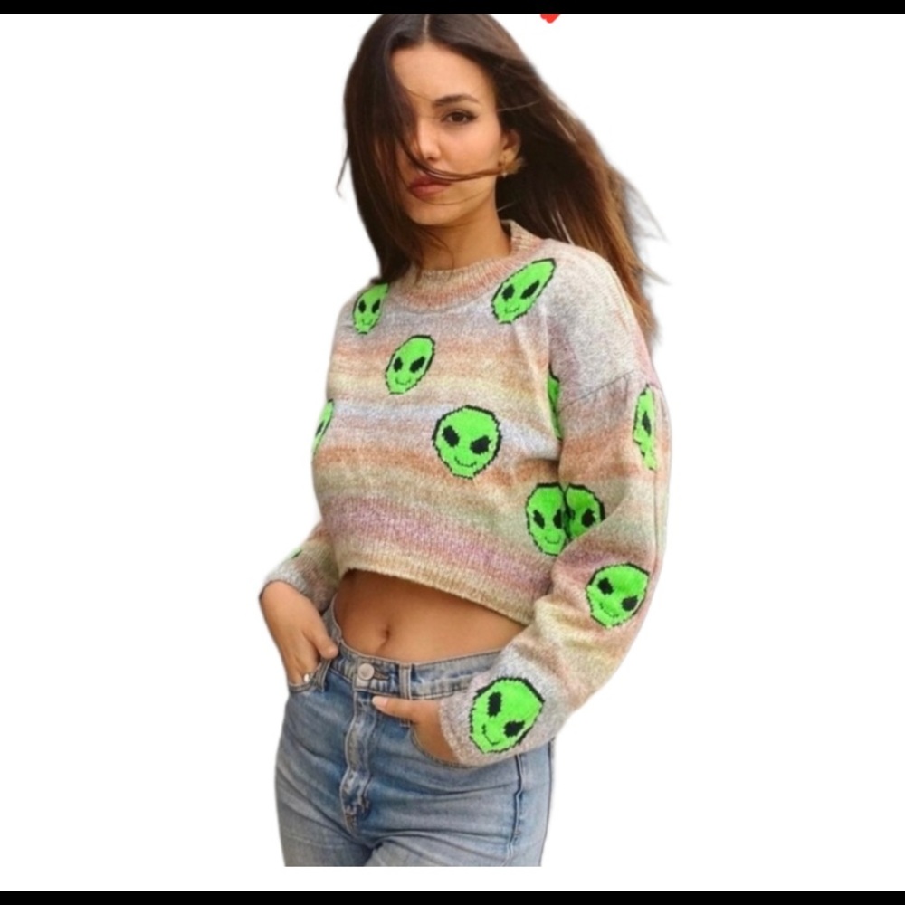 URBAN OUTFITTERS Lennon alien multicolor knit cropped sweater L